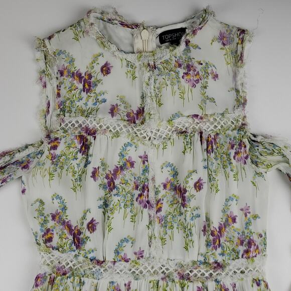 Topshop Cold Shoulder Midi Dress Frayed Lace Boho Floral Long Sleeve Cream 6 - Picture 5 of 9